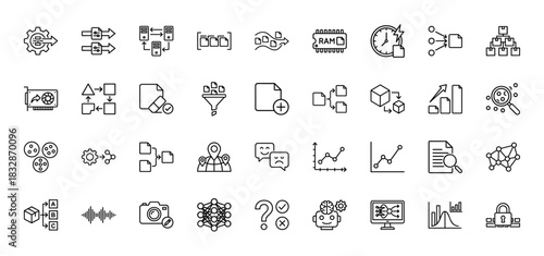 Data science and machine learning line icon set. vector pictograms of processing, analysis, neural network, and ai, thin linear illustration.