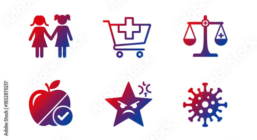 Diverse icons representing childhood, healthcare, justice, healthy eating, negativity, and illness