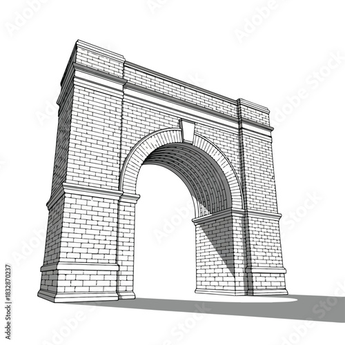 Detailed Architectural Drawing of a Classic Brick Archway with Shadow. india gate.