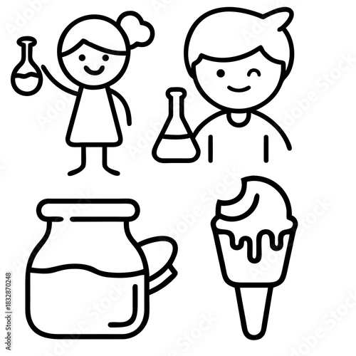 Simple black and white outline illustration featuring four elements: a smiling girl with a bun holding a laboratory flask