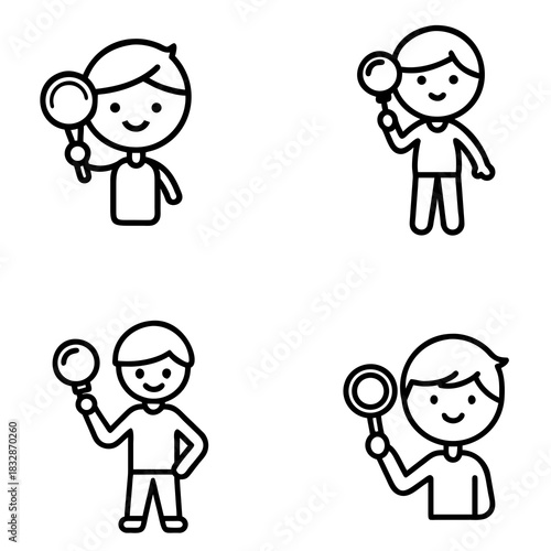 Four simple, black-and-white outline illustrations of cartoonish figures holding magnifying glasses in various poses