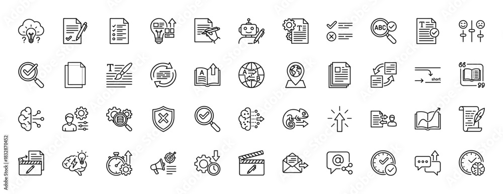 Fototapeta premium Creative writing, editing, and research line icon set. Vector pictograms of idea, document, robot, brain, and magnifying glass, thin linear illustration.