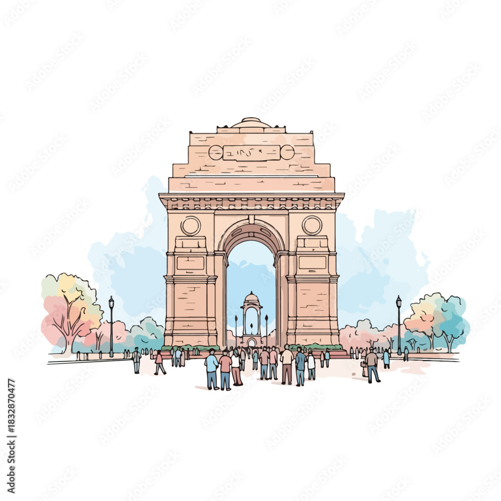 Fototapeta premium Famous India Gate Landmark Structure with People and Trees