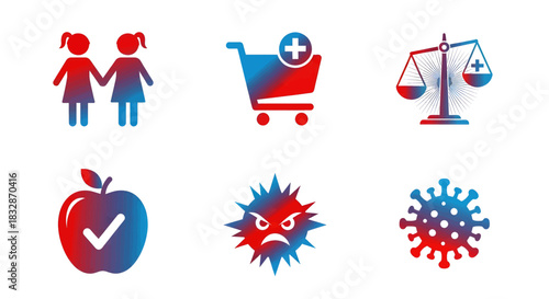 Collection of vibrant icons representing social issues, health, and commerce