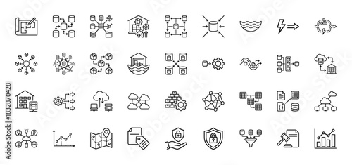 Big data and artificial intelligence line icon set. Vector pictograms of flow, storage, security, and analysis, thin linear illustration.