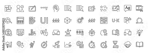 User experience and development line icon set. Vector pictograms of ux, ui, web design, and digital creative process, thin linear illustration.