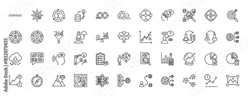Business and data analysis line icon set. Vector pictograms of research, strategy, development, brain, and growth, thin linear illustration.