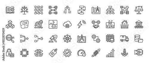 Software architecture line icon set. Vector pictograms of blueprint, flowchart, database, cloud server, network, processor, security, and algorithm. Thin linear illustration.