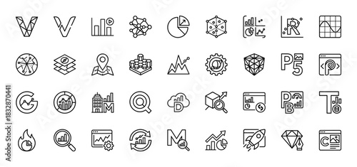 Data analysis and business statistics line icon set. Vector pictograms of charts, graphs, network, cloud, dashboard, rocket and settings, thin linear illustration.