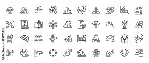Business and data security line icon set. Vector pictograms of scales, gears, charts, locks, and ladder, thin linear illustration.