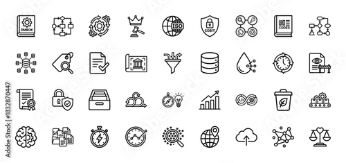 Data governance and management line icon set. Vector pictograms of DMBOK, COBIT, process, code, security, and agile, thin linear illustration.