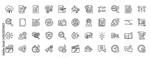 Creative writing, editing, and research line icon set. Vector pictograms of idea, document, robot, brain, and magnifying glass, thin linear illustration.