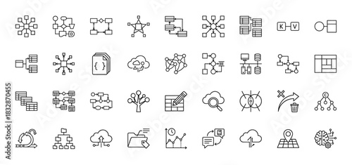 Information technology line icon set. Vector pictograms of flowcharts, data processing, networking, and cloud computing, thin linear illustration.