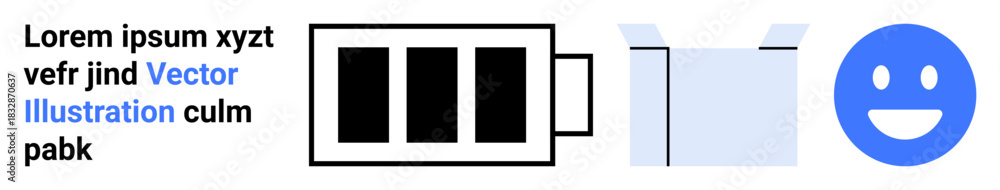 Fototapeta premium Energy consumption, packaging, emotions, sustainability, minimal design, communication. A battery icon, open box and happy face. Energy consumption and packaging concept