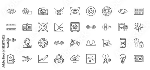 Biometric, security, and technology line icon set. vector pictograms of eye, camera, identification, safe, lock, and data, thin linear illustration.