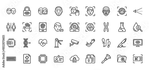 Biometrics and identification line icon set. Vector pictograms of face, fingerprint, dna, retina, and security concepts, thin linear illustration.