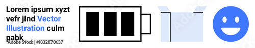 Energy consumption, packaging, emotions, sustainability, minimal design, communication. A battery icon, open box and happy face. Energy consumption and packaging concept