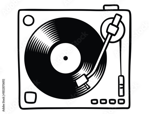 Retro turntable playing a vinyl record with a simple line art style