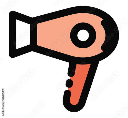 Simple, modern illustration of a pink hairdryer with black outline