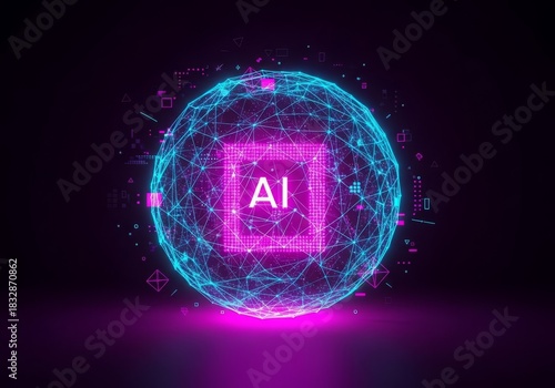 Abstract Futuristic Glowing Sphere Artificial Intelligence Network Concept Illustration