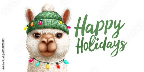 Festive llama wearing a Christmas hat and holiday lights wishing Happy Holidays Cute animal illustration for seasonal greetings and winter celebrations