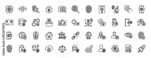 Biometric security and identification line icon set. Vector pictograms of fingerprint, passport, padlock, database, and scanning, thin linear illustration.