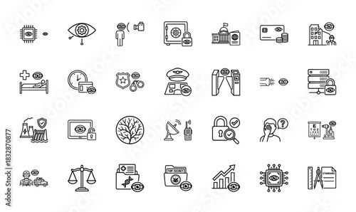 Security and surveillance line icon set. Vector pictograms of camera, data, shield, police, and eye, thin linear illustration.