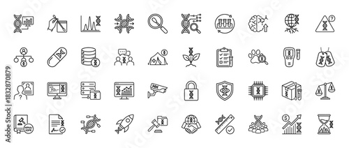 Genetics and biotechnology line icon set. Vector pictograms of dna analysis, research, security, and legal icons, thin linear illustration.