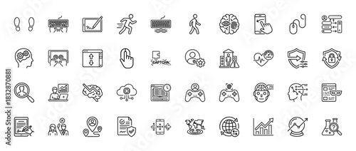 Technology and security line icon set. Vector pictograms of footprint, security shield, gamepad, analytics, and brain, thin linear illustration.