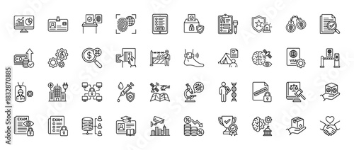 Security and compliance line icon set. Vector pictograms of fingerprint, handcuffs, DNA, ballot box, and safe, thin linear illustration.