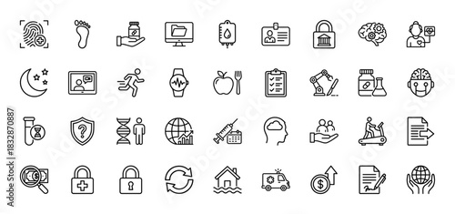 Health and wellness line icon set. Vector pictograms of fingerprint, dna, brain, heartbeat, syringe, and fitness activities, thin linear illustration.