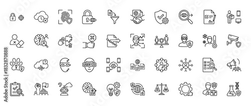 Privacy and security line icon set. Vector pictograms of GDPR, shield, padlock, fingerprint, biometrics, hacker, data protection, compliance, thin linear illustration.
