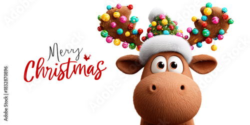 Festive Cartoon Reindeer with Christmas Ornaments and Santa Hat wishing Merry Christmas Holiday season concept with cute animal character and greeting message