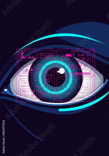 Futuristic Detailed Tech Eye Design with HUD Elements and Neon Glow