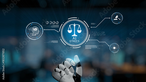 A robotic hand reaches towards AI ethics symbols, illustrating the crucial balance between technological advancement and moral responsibility in today digital society. Synapse