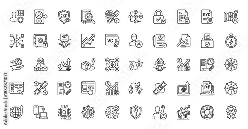 Decentralized technology line icon set. Vector pictograms of blockchain, smart contract, crypto, ledger, zkp, and digital identity, thin linear illustration.
