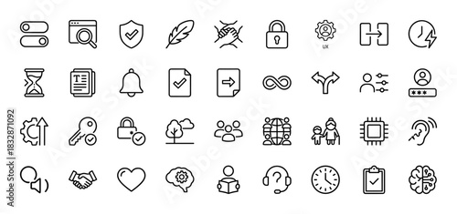 Business and technology line icon set. Vector pictograms of shield, lock, gear, clock, document, bell, handshake, brain, cpu, and login, thin linear illustration.