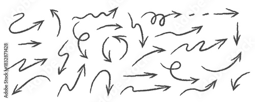 Arrow drawn hand vector line icon set. Hand drawn brush chalk stroke arrow curve, thin pencil scribble shape with vintage charcoal crayon texture. Doodle up down arrow symbol. Vector illustration