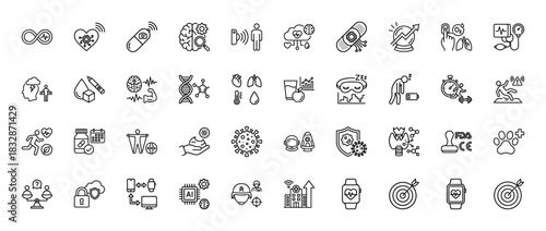 Health monitoring and wearable technology line icon set. Vector pictograms of heartbeat, brain, sleep, fitness, and data analysis, thin linear illustration.