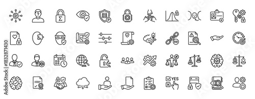 Cyber security and data protection line icon set. Vector pictograms of padlock, shield, key, fingerprint, and legal documents, thin linear illustration.