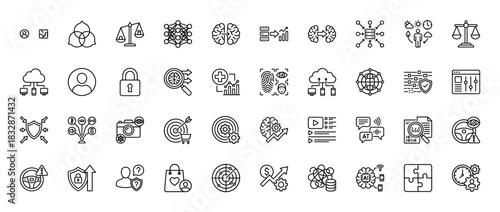 Data and artificial intelligence line icon set. Vector pictograms of machine learning, security, analytics, and privacy, thin linear illustration.