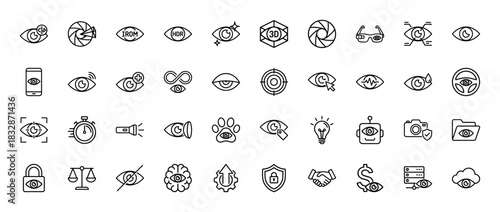 Vision and technology line icon set. Vector pictograms of eye, security, camera, data, and augmented reality, thin linear illustration.
