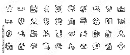 Technology and security line icon set. Vector pictograms of shopping cart lock, fingerprint scanner, smart home, and autonomous driving, thin linear illustration.