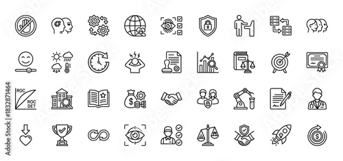 Business, security, and abstract line icon set. Vector pictograms of risk, settings, global, shield, data, agreement, and finance, thin linear illustration.