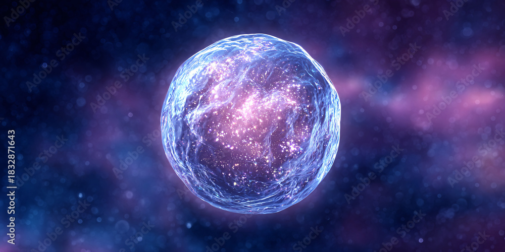 Fototapeta premium Glowing cosmic cell with nebula background, representing cellular biology, science and the origin of life in the universe
