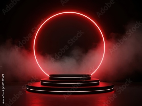 Futuristic neon podium with red ring and smoke