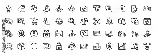E-commerce and shopping line icon set. Vector pictograms of shopping cart, delivery truck, chat, and rating, thin linear illustration.