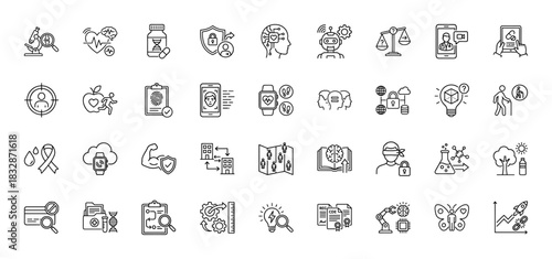 Science, technology, and health line icon set. Vector pictograms of microscope, data security, ai robot, dna, and analytics, thin linear illustration.