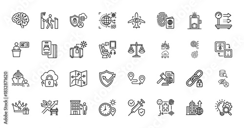 Travel and security line icon set. Vector pictograms of airport services, biometric identification, cloud data protection, and global logistics, thin linear illustration.