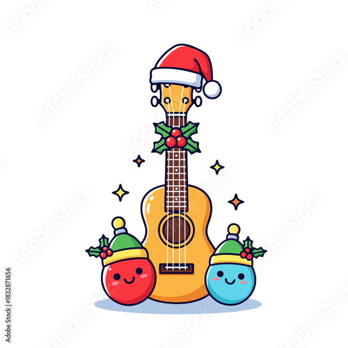 Cheerful Ukulele and Festive Ornaments Celebrate the Holiday Season in Adorable Cartoon Style